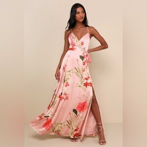 Lulus Still the One Blush Pink Floral Print Satin Maxi Dress